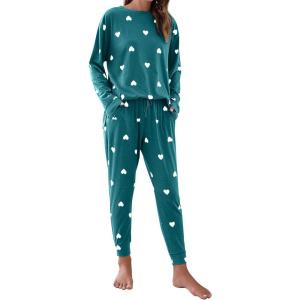 imageBlooming Jelly Womens Cute Pajama Sets Long Sleeve Heart Printed Lounge Set Pockets Two Piece Outfits 2025Blue Green