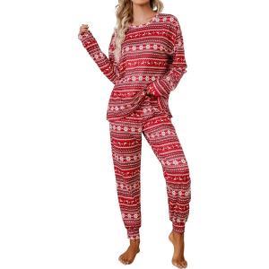 imageBlooming Jelly Womens Cute Pajama Sets Long Sleeve Heart Printed Lounge Set Pockets Two Piece Outfits 2025Red  Snowflake
