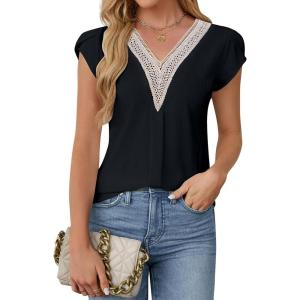 imageBlooming Jelly Womens Dressy Casual Blouses Business Summer Tops 2024 Trendy Lace Cap Sleeve V Neck ShirtsBlack