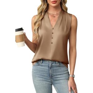 imageBlooming Jelly Womens Dressy Tank Tops Summer Sleeveless Work Blouses Silk Satin V Neck Shirts Business Casual OutfitsCamel