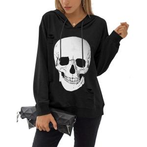 imageBlooming Jelly Womens Halloween Sweatshirts Skull Graphic T Shirts Long Sleeve Pullover Tops Gothic Fall Clothes 2024Black Hoodie