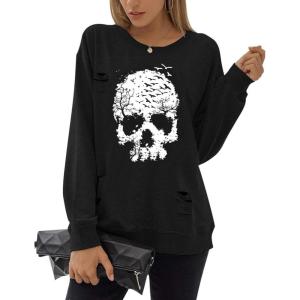 imageBlooming Jelly Womens Halloween Sweatshirts Skull Graphic T Shirts Long Sleeve Pullover Tops Gothic Fall Clothes 2024Dark Black