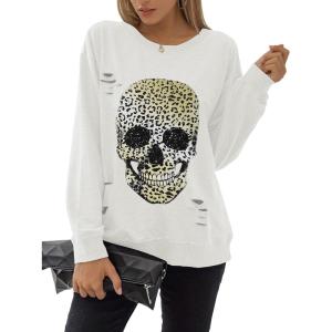 imageBlooming Jelly Womens Halloween Sweatshirts Skull Graphic T Shirts Long Sleeve Pullover Tops Gothic Fall Clothes 2024White