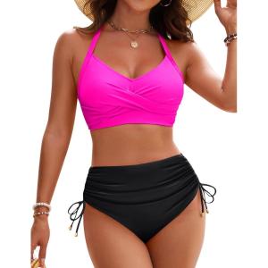 imageBlooming Jelly Womens High Waisted Bikini Sets Drawstring Tummy Control Swimsuits Crisscross Tie Back Bathing SuitBlack Pink