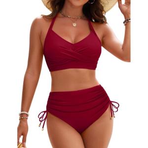 imageBlooming Jelly Womens High Waisted Bikini Sets Drawstring Tummy Control Swimsuits Crisscross Tie Back Bathing SuitDark Red