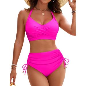 imageBlooming Jelly Womens High Waisted Bikini Sets Drawstring Tummy Control Swimsuits Crisscross Tie Back Bathing SuitHot Pink