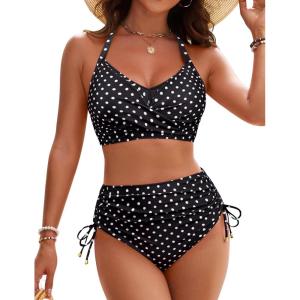 imageBlooming Jelly Womens High Waisted Bikini Sets Drawstring Tummy Control Swimsuits Crisscross Tie Back Bathing SuitPolka Dot