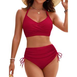 imageBlooming Jelly Womens High Waisted Bikini Sets Drawstring Tummy Control Swimsuits Crisscross Tie Back Bathing SuitRed
