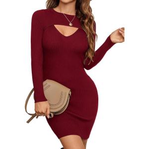imageBlooming Jelly Womens Long Sleeve Sweater Dress Sexy Cut Out Bodycon Mini Fall Dress Trendy Ribbed Knit Ladies Winter SweaterBurgundy