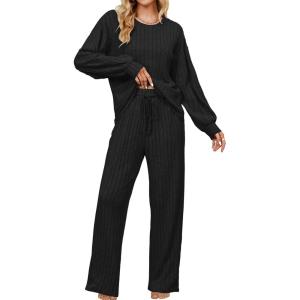 imageBlooming Jelly Womens Lounge Set Cute Long Sleeve Pajama Sets Casual 2 Piece Pj Outfit Fall Sleepwear PocketsBlack