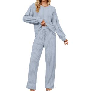 imageBlooming Jelly Womens Lounge Set Cute Long Sleeve Pajama Sets Casual 2 Piece Pj Outfit Fall Sleepwear PocketsBlue Grey