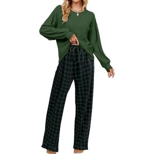imageBlooming Jelly Womens Lounge Set Cute Long Sleeve Pajama Sets Casual 2 Piece Pj Outfit Fall Sleepwear PocketsGreen Plaid