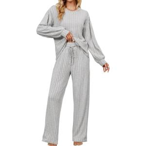 imageBlooming Jelly Womens Lounge Set Cute Long Sleeve Pajama Sets Casual 2 Piece Pj Outfit Fall Sleepwear PocketsGrey