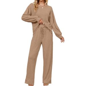 imageBlooming Jelly Womens Lounge Set Cute Long Sleeve Pajama Sets Casual 2 Piece Pj Outfit Fall Sleepwear PocketsKhaki