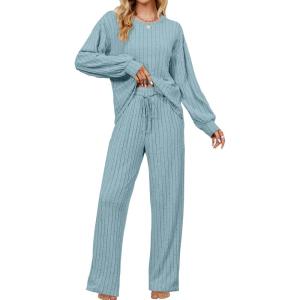 imageBlooming Jelly Womens Lounge Set Cute Long Sleeve Pajama Sets Casual 2 Piece Pj Outfit Fall Sleepwear PocketsLight Blue