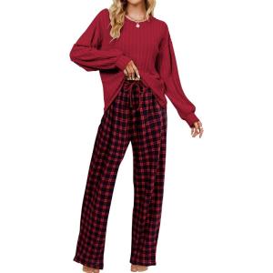 imageBlooming Jelly Womens Lounge Set Cute Long Sleeve Pajama Sets Casual 2 Piece Pj Outfit Fall Sleepwear PocketsRed Plaid