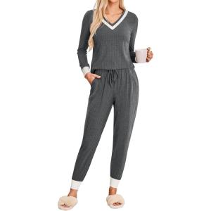 imageBlooming Jelly Womens Pajama Sets 2 Piece Textured Lounge Set Color Block Pj Sets Soft Sleepwear Pockets 2024Dark Grey