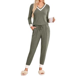 imageBlooming Jelly Womens Pajama Sets 2 Piece Textured Lounge Set Color Block Pj Sets Soft Sleepwear Pockets 2024Grey Green