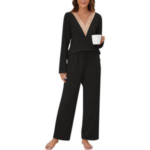 imageBlooming Jelly Womens Pajama Sets Lace V Neck Lounge Sets 2 Piece Loungewear Pj Set with Pockets 2024Black
