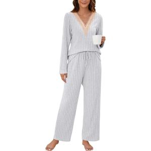 imageBlooming Jelly Womens Pajama Sets Lace V Neck Lounge Sets 2 Piece Loungewear Pj Set with Pockets 2024Grey