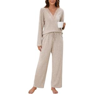 imageBlooming Jelly Womens Pajama Sets Lace V Neck Lounge Sets 2 Piece Loungewear Pj Set with Pockets 2024Light Apricot