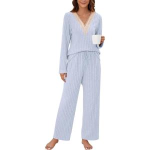 imageBlooming Jelly Womens Pajama Sets Lace V Neck Lounge Sets 2 Piece Loungewear Pj Set with Pockets 2024Light Blue