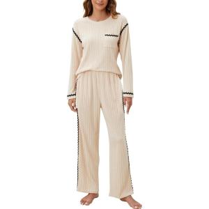 imageBlooming Jelly Womens Pajama Sets Long Sleeve 2 Piece Lounge Sets Soft Knit Pjs Cozy Sleepwear with PocketsApricot