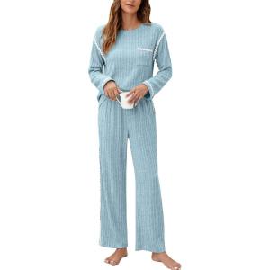 imageBlooming Jelly Womens Pajama Sets Long Sleeve 2 Piece Lounge Sets Soft Knit Pjs Cozy Sleepwear with PocketsBlue