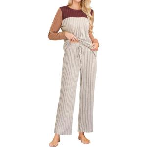imageBlooming Jelly Womens Pajama Sets Long Sleeve Color Block 2 Piece Casual Lounge Sets Soft Pjs with PocketsBeige