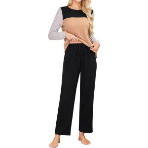 imageBlooming Jelly Womens Pajama Sets Long Sleeve Color Block 2 Piece Casual Lounge Sets Soft Pjs with PocketsBlack