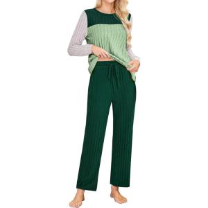 imageBlooming Jelly Womens Pajama Sets Long Sleeve Color Block 2 Piece Casual Lounge Sets Soft Pjs with PocketsGreen