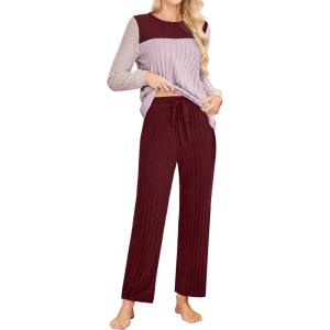 imageBlooming Jelly Womens Pajama Sets Long Sleeve Color Block 2 Piece Casual Lounge Sets Soft Pjs with PocketsRed