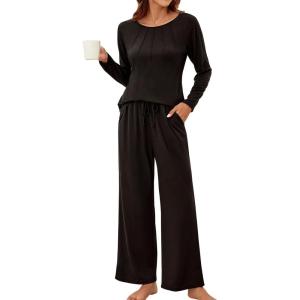 imageBlooming Jelly Womens Pajama Sets Pleated Long Sleeve 2 Piece Lounge Set Sleepwear Pj Sets with Pockets 2024Black