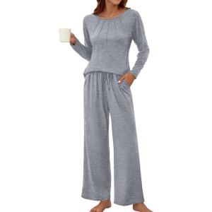 imageBlooming Jelly Womens Pajama Sets Pleated Long Sleeve 2 Piece Lounge Set Sleepwear Pj Sets with Pockets 2024Grey