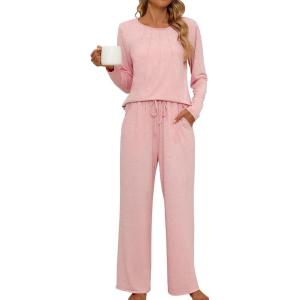 imageBlooming Jelly Womens Pajama Sets Pleated Long Sleeve 2 Piece Lounge Set Sleepwear Pj Sets with Pockets 2024Pink