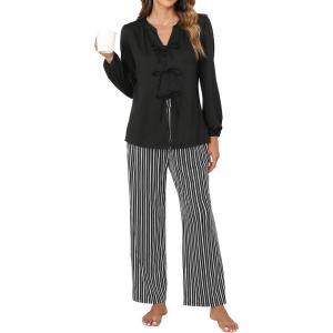 imageBlooming Jelly Womens Pajamas Set 2 Piece Lounge Pjs Sets Fall Outfits Long Sleeve Tie Front Tops Loungewear with PocketsBlack and Striped