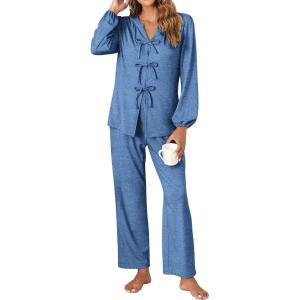 imageBlooming Jelly Womens Pajamas Set 2 Piece Lounge Pjs Sets Fall Outfits Long Sleeve Tie Front Tops Loungewear with PocketsBlue