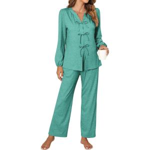 imageBlooming Jelly Womens Pajamas Set 2 Piece Lounge Pjs Sets Fall Outfits Long Sleeve Tie Front Tops Loungewear with PocketsGreen