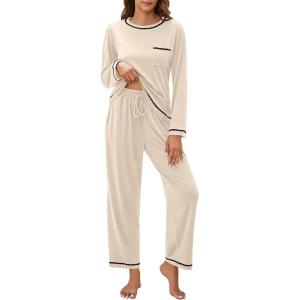 imageBlooming Jelly Womens Pajamas Set Drawstring 2 Piece Lounge Set Ruffle Long Sleeve Pjs Soft Wide Leg Sleepwear PocketsApricot