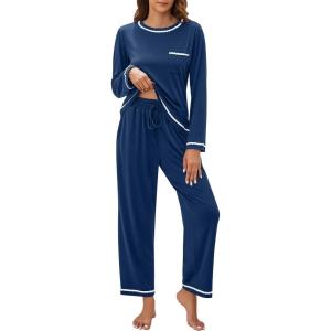 imageBlooming Jelly Womens Pajamas Set Drawstring 2 Piece Lounge Set Ruffle Long Sleeve Pjs Soft Wide Leg Sleepwear PocketsDark Blue
