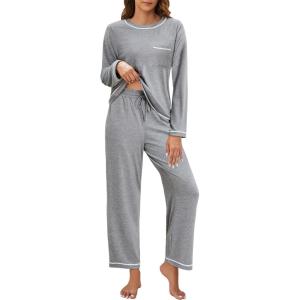 imageBlooming Jelly Womens Pajamas Set Drawstring 2 Piece Lounge Set Ruffle Long Sleeve Pjs Soft Wide Leg Sleepwear PocketsGrey