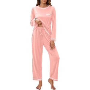imageBlooming Jelly Womens Pajamas Set Drawstring 2 Piece Lounge Set Ruffle Long Sleeve Pjs Soft Wide Leg Sleepwear PocketsPink