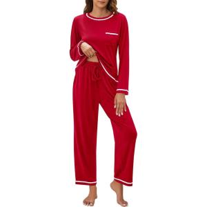 imageBlooming Jelly Womens Pajamas Set Drawstring 2 Piece Lounge Set Ruffle Long Sleeve Pjs Soft Wide Leg Sleepwear PocketsRed