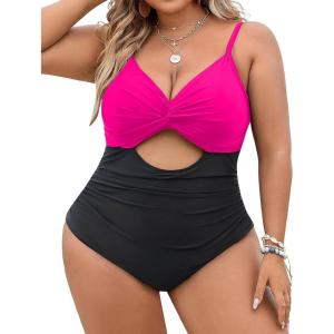 imageBlooming Jelly Womens Plus Size Bathing Suit Tummy Control One Piece Swimsuit Twist Front Ruched SwimwearBlack and Pink
