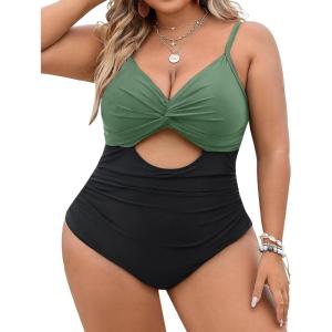 imageBlooming Jelly Womens Plus Size Bathing Suit Tummy Control One Piece Swimsuit Twist Front Ruched SwimwearGreen and Black