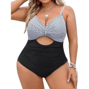imageBlooming Jelly Womens Plus Size Bathing Suit Tummy Control One Piece Swimsuit Twist Front Ruched SwimwearStriped and Black