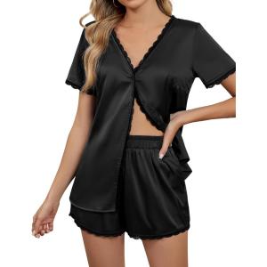 imageBlooming Jelly Womens Satin Pajama Set 2 Piece Lounge Pjs Shorts Set Summer Button Down Sleepwear Cozy LoungewearBlack