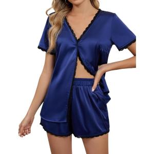 imageBlooming Jelly Womens Satin Pajama Set 2 Piece Lounge Pjs Shorts Set Summer Button Down Sleepwear Cozy LoungewearDark Blue