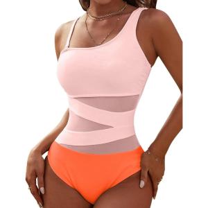 imageBlooming Jelly Womens Sexy One Piece Bathing Suits One Shoulder Swimsuits Slimming Mesh SwimwearPink and Orange