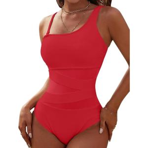 imageBlooming Jelly Womens Sexy One Piece Bathing Suits One Shoulder Swimsuits Slimming Mesh SwimwearRed